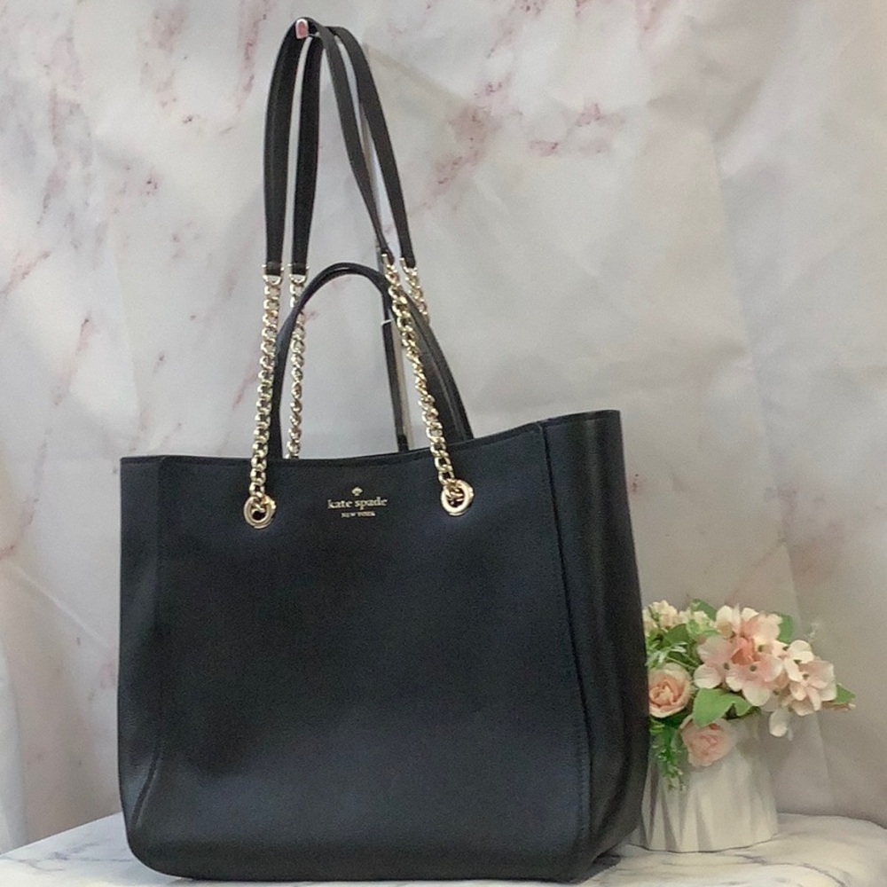 NWT Kate Spade Large Infinite Triple Compartment Tote Bag Black Pebbled Leather